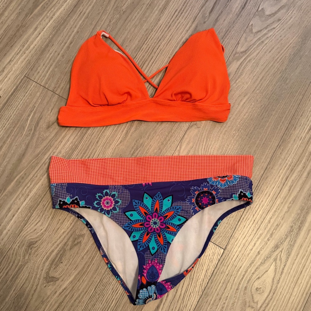 Orange & Floral Bikini Set | Colorblock Ribbed Top + Printed Bottoms